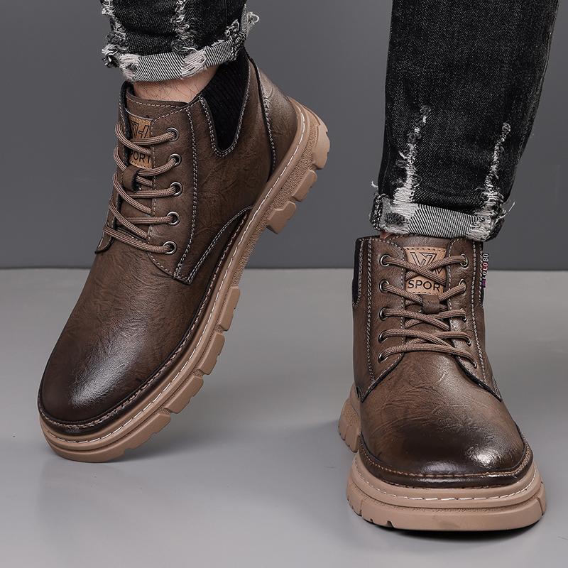 Fashion British Style Winter Velvet Cotton Shoes Outdoor Men's High Top Workwear Shoes Office Commuting Versatile Men's Business Boots