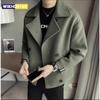 Mens Autumn Winter Solid Color Jacket Wool Cropped Coat Trendy Casual Slim Lapel Streetwear