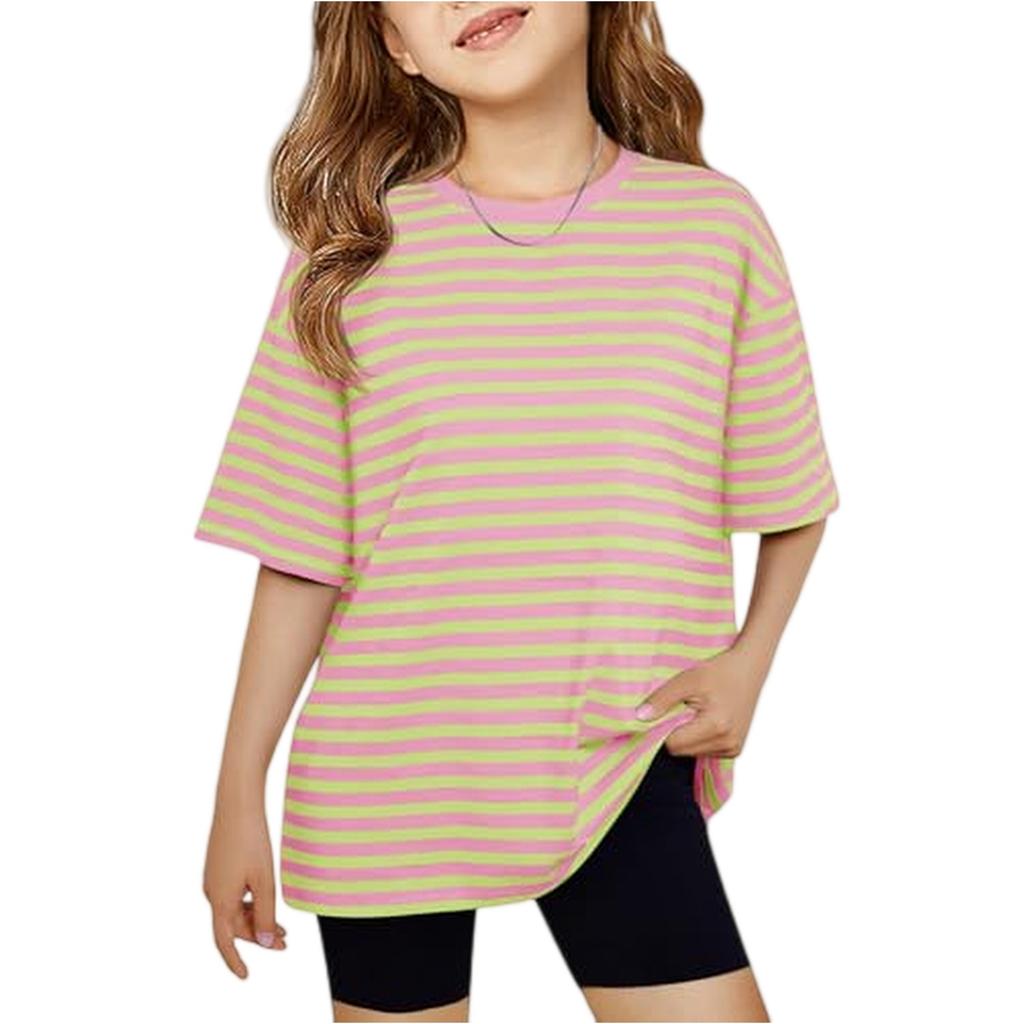 Girls Short Sleeve Striped T Shirt Crewneck Loose Fit Casual Cotton Tee for Kids Lightweight Breathable Top for Summer Daily Wear