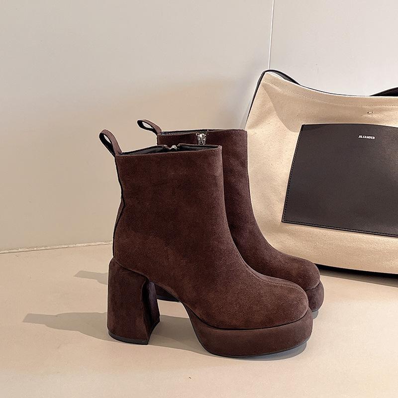 

Замшевые короткие ботильоны на высоком каблуке в ретро-темпераментном стиле, осенне-зимние, корейская версия, французская мода, универсальные, на толстом каблуке, тонкие ботильоны, женские ботинки Мартин 39 коричневый
