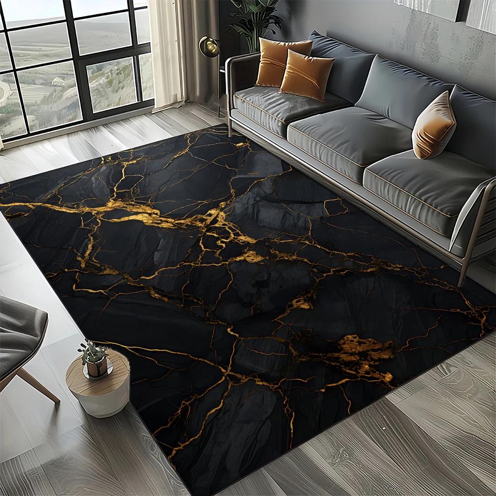 2025 New Style Fashion Marble Black White Gold Stone Carpet Rug for Living Room Bedroom Home Sofa Decoration,Non-slip Floor Mat