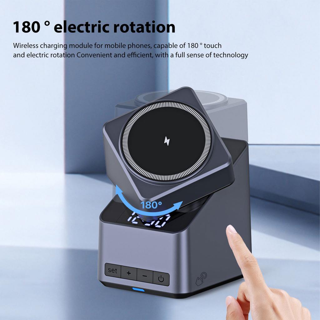 4 in 1 Wireless Charger with 180 degrees  Auto Rotation Watch Charging Station HD Display Clock Smart Trickle Charging