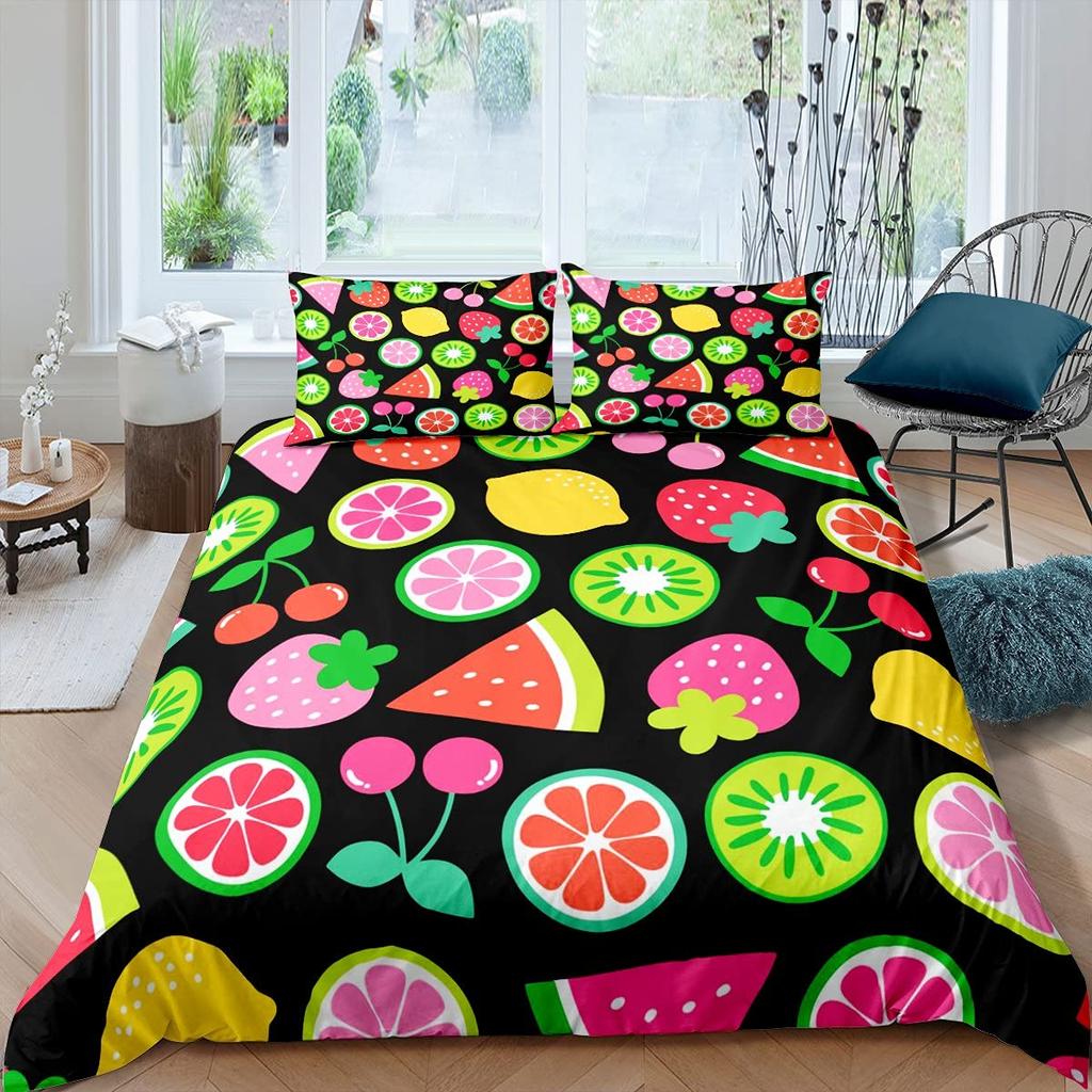 Lemon Fruit King Queen Duvet Cover Summer Cartoon Vegetable Plant Bedding Set For Kids Teens Adults Papaya Polyester Quilt Cover