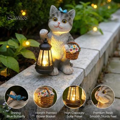 Solar Balcony Decoration Cat Garden Statue, Resin Outdoor Tabby Decor with Auto LED Patio Light, IP65 Waterproof Lawn Ornament for Patio, Gift Lovers