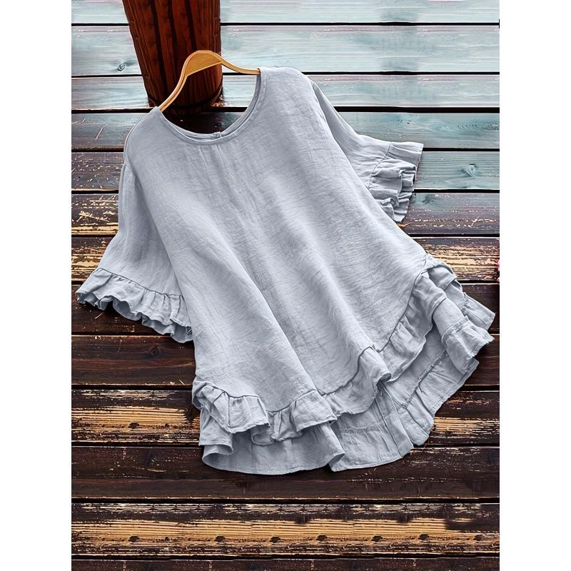 Cross2026 Women's Loose Ruffle Short Sleeve Button-Up Round Neck Shirt