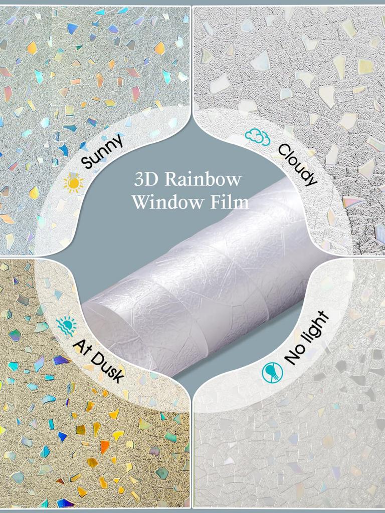 Folie Autocolantă pentru Vitralii - 3D Curcubeu Confidențialitate Blocare UV Control Căldură, Vinil Static Neadeziv Removabil
