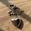 Sweet Bowknot Big Heart Pendant Keyring Silver Color Charm Keychain Decoration