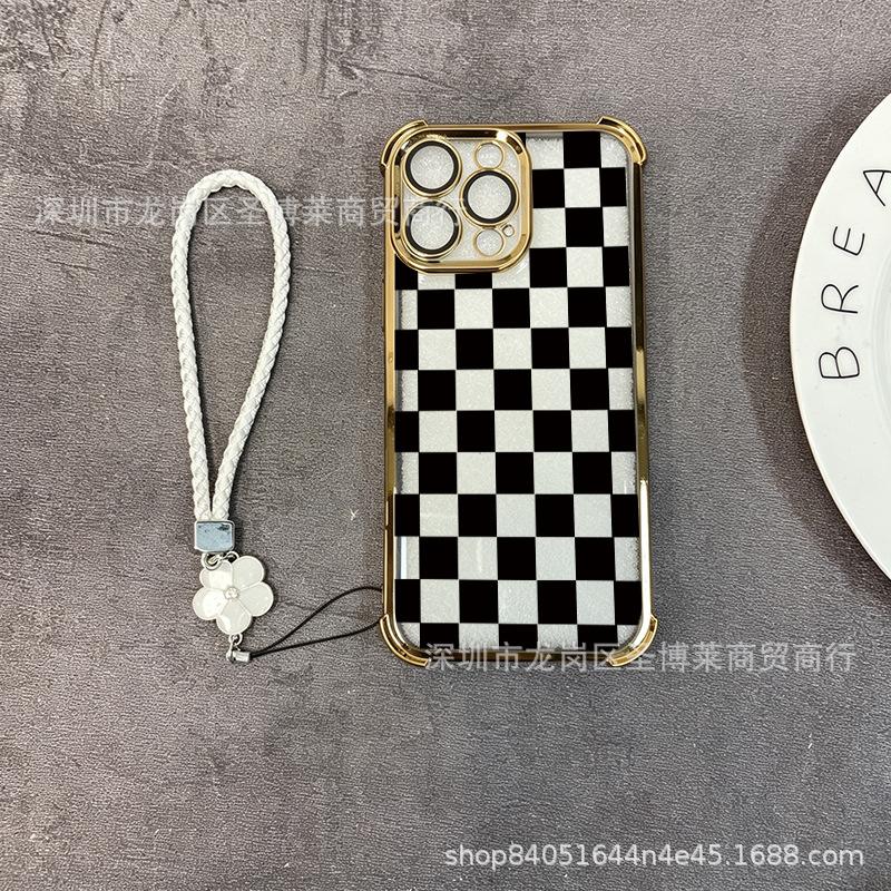 Black plaid applies to iPhone17 mobile phone case, four corners anti-drop airbag 16promax portable rope 15 protective case.