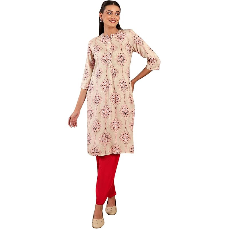 W Beige Floral Printed Regular Kurta for Women