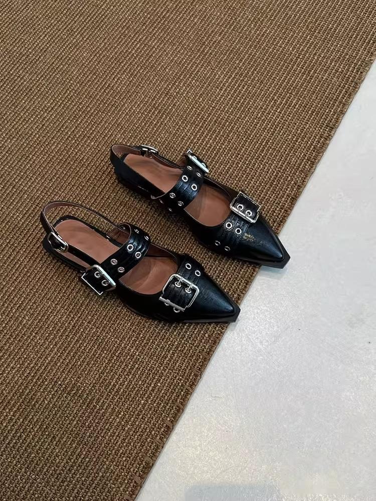 Cowhide version~ Punk hottie fried street niche single shoes women's pointed head willow nails belt buckle versatile casual bag head sandals