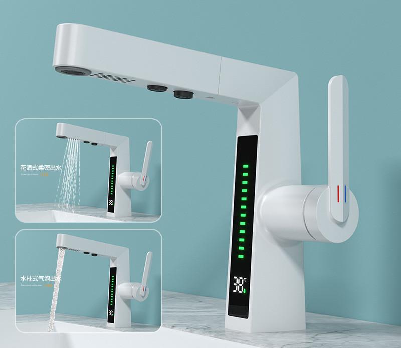Новый белый смеситель для раковины, латунный однорычажный бессвинцовый смеситель с цифровым дисплеем, выдвижной смеситель для горячей и холодной воды, смеситель для раковины, смеситель для ванной комнаты белый