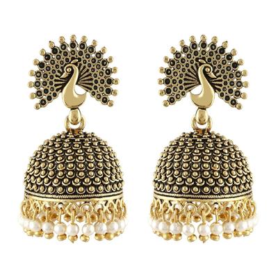 Wedding Temple Jewellery 22kt Gold Oxidised Meenakari Ethnic Antique South Indian Round Pearl Feather Peacock Jhumka Earrings Set For Women