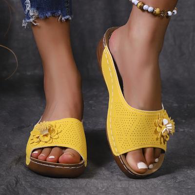South East Asia Large Size Thick Bottom Hollow One-Word Slippers Open-toed Flower Slope Heel Beach Cool Slippers