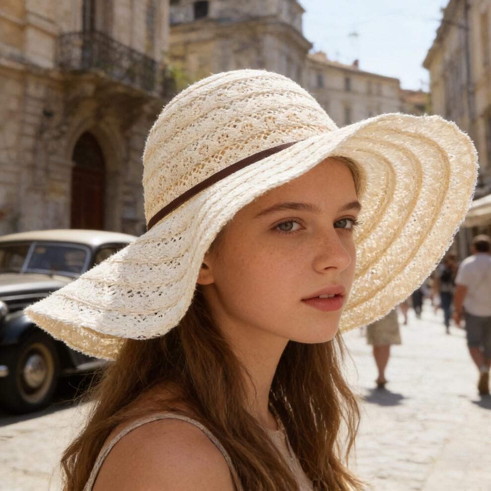 (Einheitsgröße, beige) Damen Sommerstrohhut Eleganter Floppy-Hut mit breiter Krempe Strandkappe Leichter Spitzen-Sonnenhut