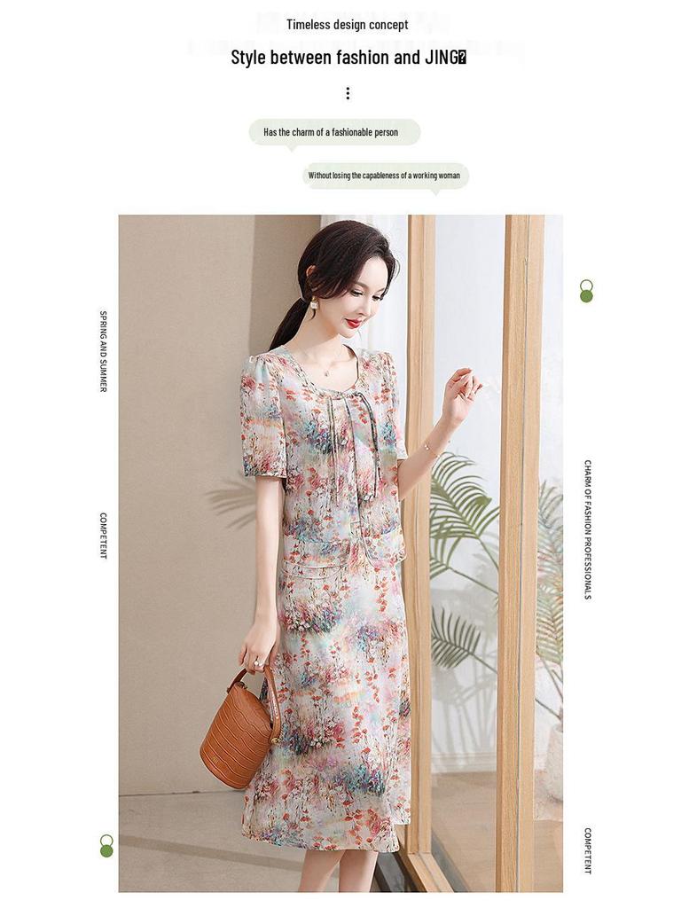 Chiffon V-neck Printed Dress for Women 2025 - Elegant Two-Piece Style for Middle-aged and Elderly Summer Fashion