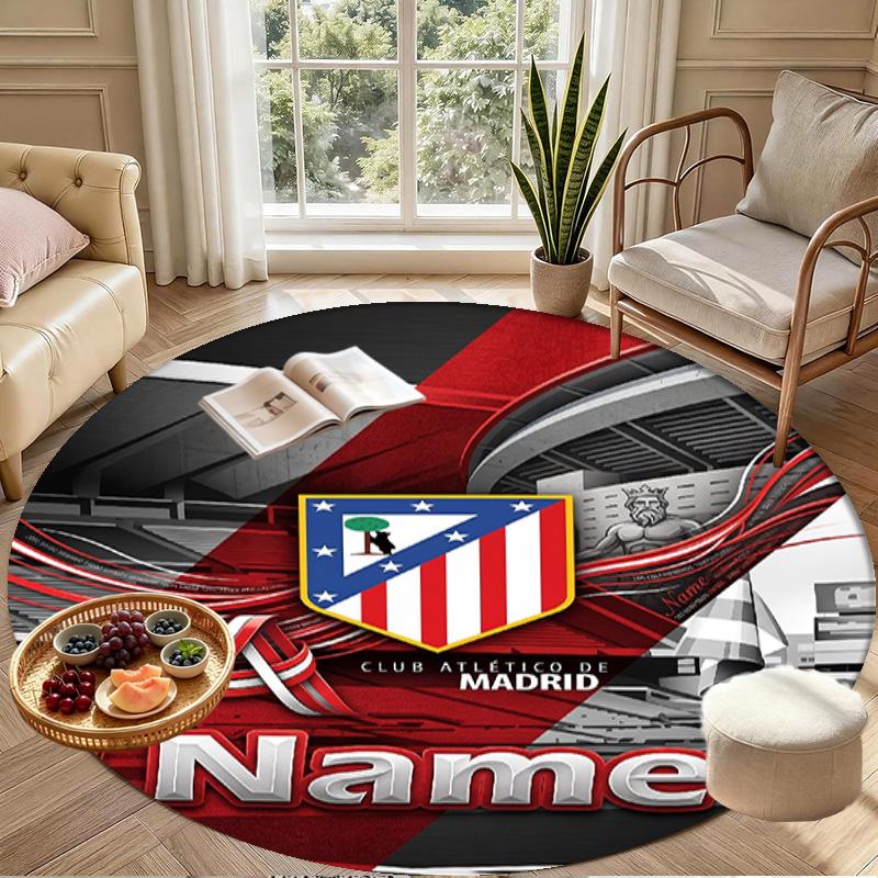Tapis rond personnalisé avec nom imprimé Atletico Madrid, Tapis polyvalent pour la décoration de la maison, pour salle de jeux, appartement, balcon, entrée, couloir Cadeau