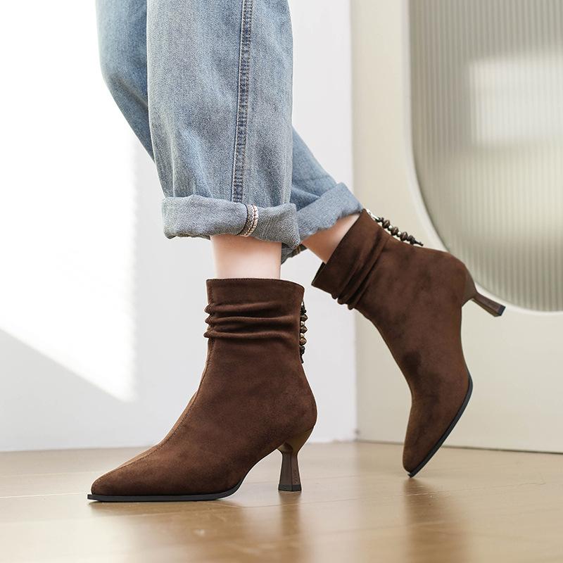 2025 autumn new retro suede pleated stacking boots women's autumn and winter pointed high-heeled thin boots slim medium boots