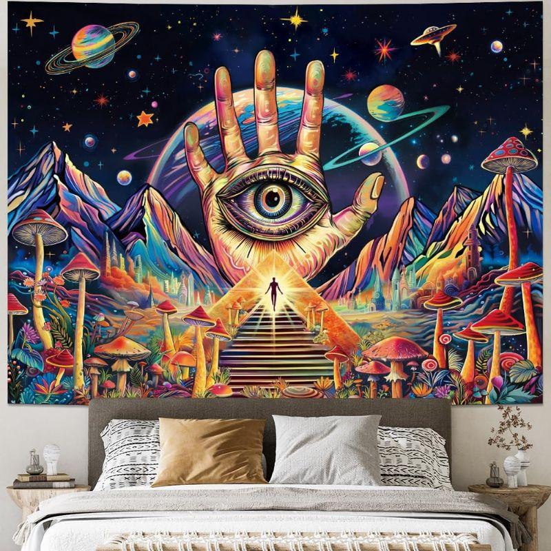 Neon Vision Eye Mushroom Tapestry, Illusionary Starry Sky Wall Hanging, Psychedelic Wall Decor for Bedroom Dorm