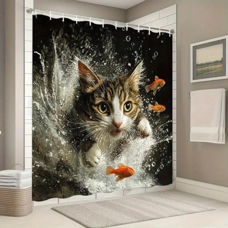 1pc Playful Tabby Kitten Shower Curtain - Brown & White, Colorful Fish & Water Droplets
