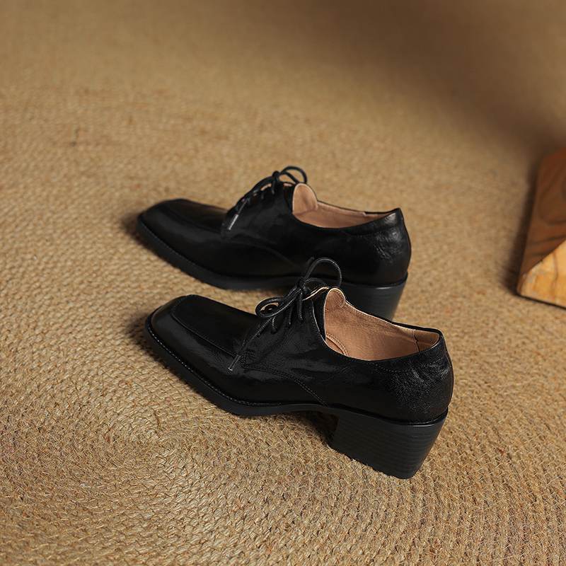 Krazing Pot Sheepskin Autumn Winter Shoes Lace Up Med Heels Size 42 Square Toe Brown Color Pumps