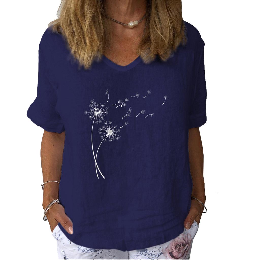 Women Fashion Linen Blouse Summer Casual Short Sleeved T-shirt Ladies Floral Print Pullover Loose Top