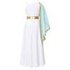Kids Girls Greek Toga Costume with Shawl Gold Trim Metallic Waist Sleeveless Back Zip Dress for Halloween Themed Cosplay