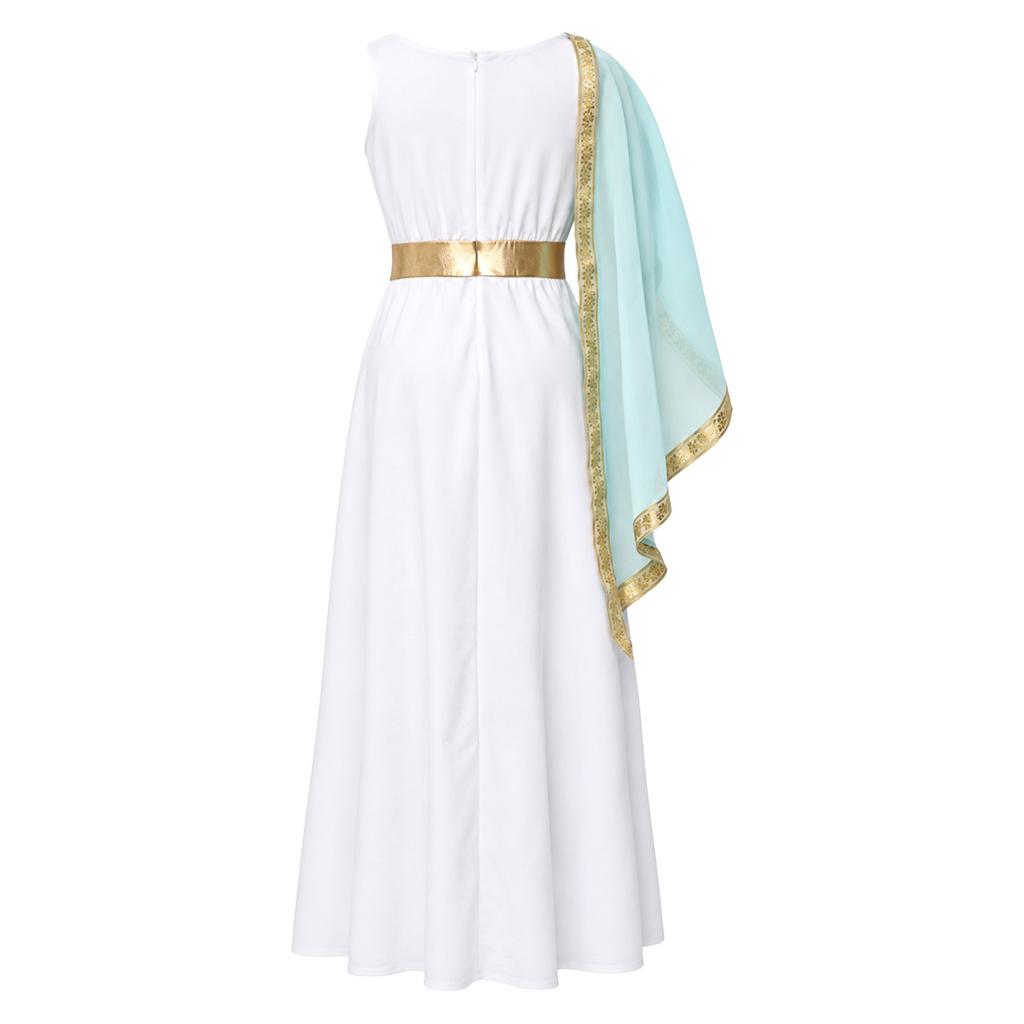 Kids Girls Greek Toga Costume with Shawl Gold Trim Metallic Waist Sleeveless Back Zip Dress for Halloween Themed Cosplay