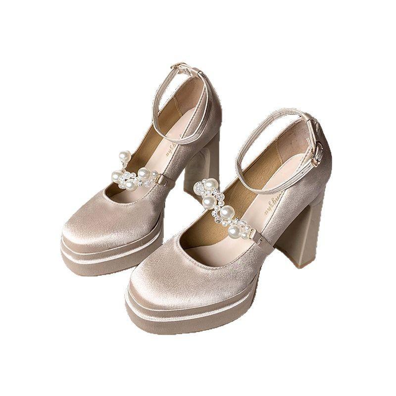 Fashion Round Toe Square Heel Mary Janes High Heel Buckle Strap Ladies Shoes 2025 Fashion Beaded Platform Fashion Pumps Chaussures Femme