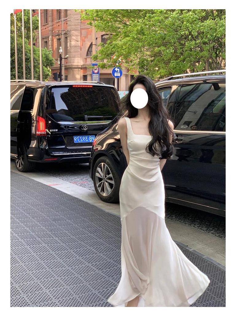 Damen Weißes Satin-Fischschwanz-Abendkleid - U-Ausschnitt Spaghettiträger Französischer Sommerstil