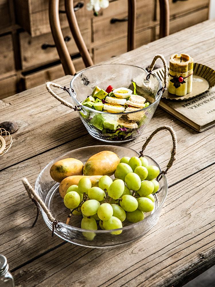 7/8.5 Inches Galss Fruit Plate with Hemp Rope Handle Nordic Large Capacity Salad Bowl Household Thickened Transparent Tableware