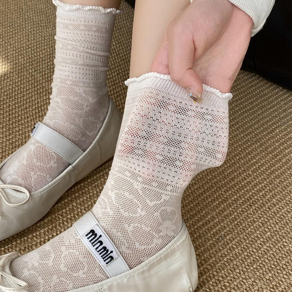 Oxygen Cotton Boneless Lace Ballet Style White Lolita Socks Summer Cutout Mesh Thin [Non-Nylon]