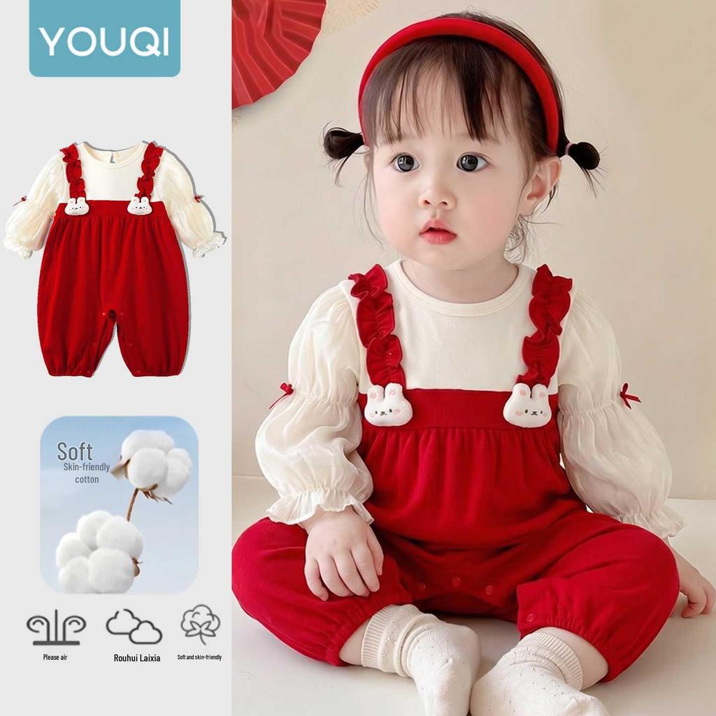 Youqi Autumn 2026 Baby Red Long-Sleeved Romper for Hundred Days Birthday Celebration