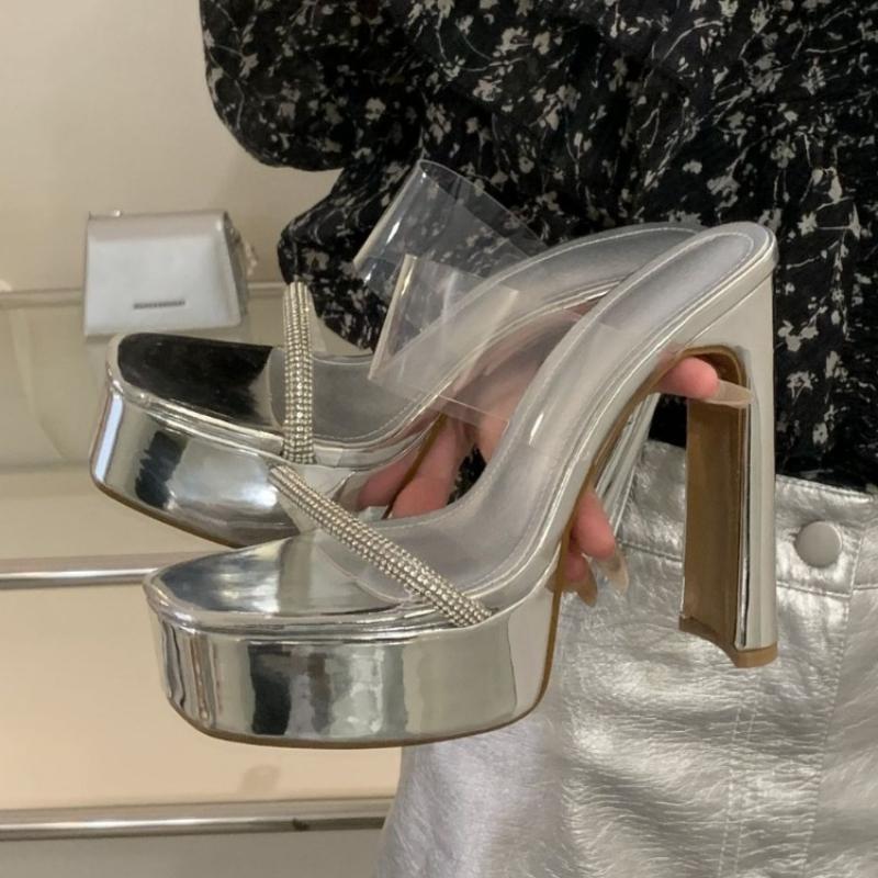 

Fashion Bling Rhinestone Narrow Band Design Brand Slippers Women Fashion Transparent PVC Slide Sandals Super High Heel Party Dress Shoes 35 серебряный