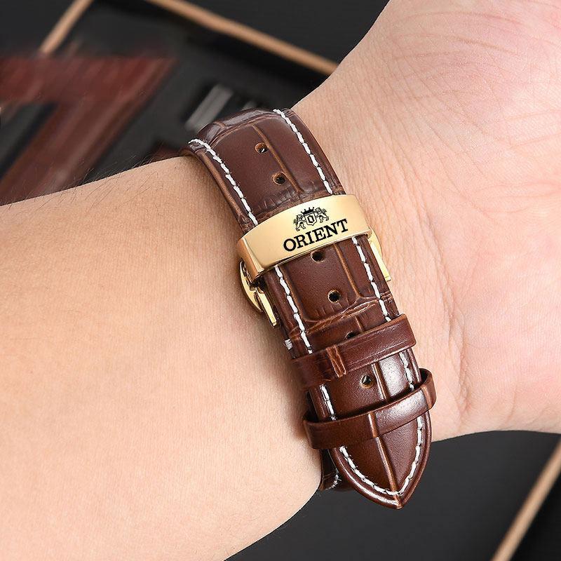 Orient Genuine Leather Watch Strap Black with Black Stitching Silver Butterfly Clasp Replacement Band for Men Women Mechanical Watches 5065405150233