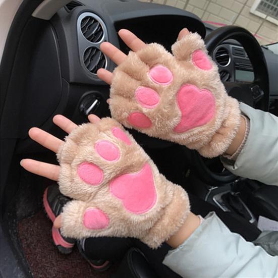 Winter Girl Cute Bear Cats Claw Cashmere Neck Hanging Half Finger Gloves Mittens