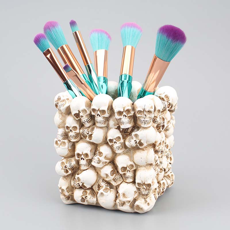 WTEMPO Gotische Schädel Schreibtisch-Stiftehalter Make-up-Pinselhalter Stift- & Zahnbürsten- & Make-up-Pinsel Aufbewahrungsbehälter Halloween-Dekorationen