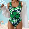 Women Plus Size Scoop Neck Wide Straps Black Green Clover Printed One Piece High Cut Swimsuit