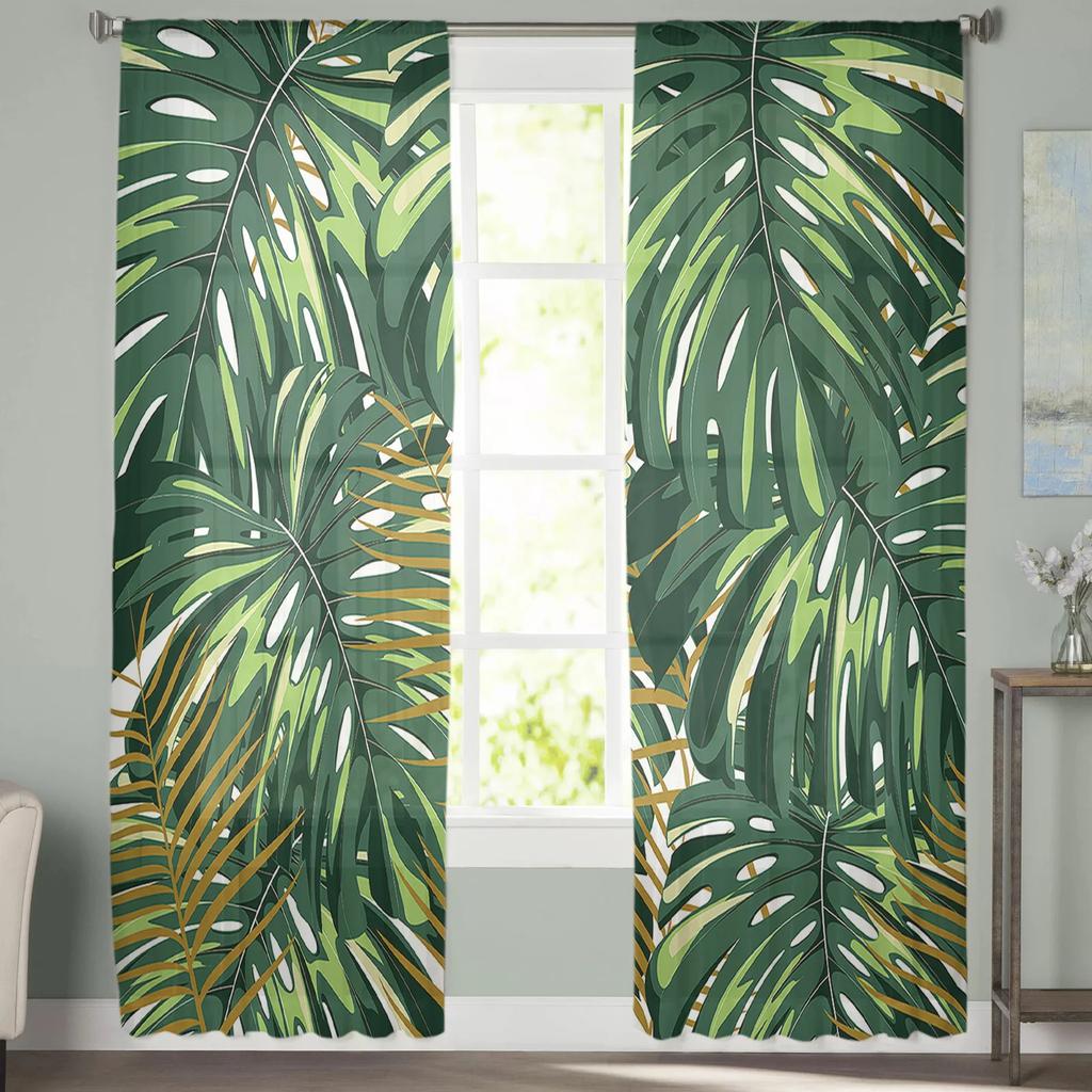 Tropische Dschungelpflanze Monstera Vorhang für Wohnzimmer Transparente Tüllvorhänge Fensterschoner für das Schlafzimmer Zubehör Dekor