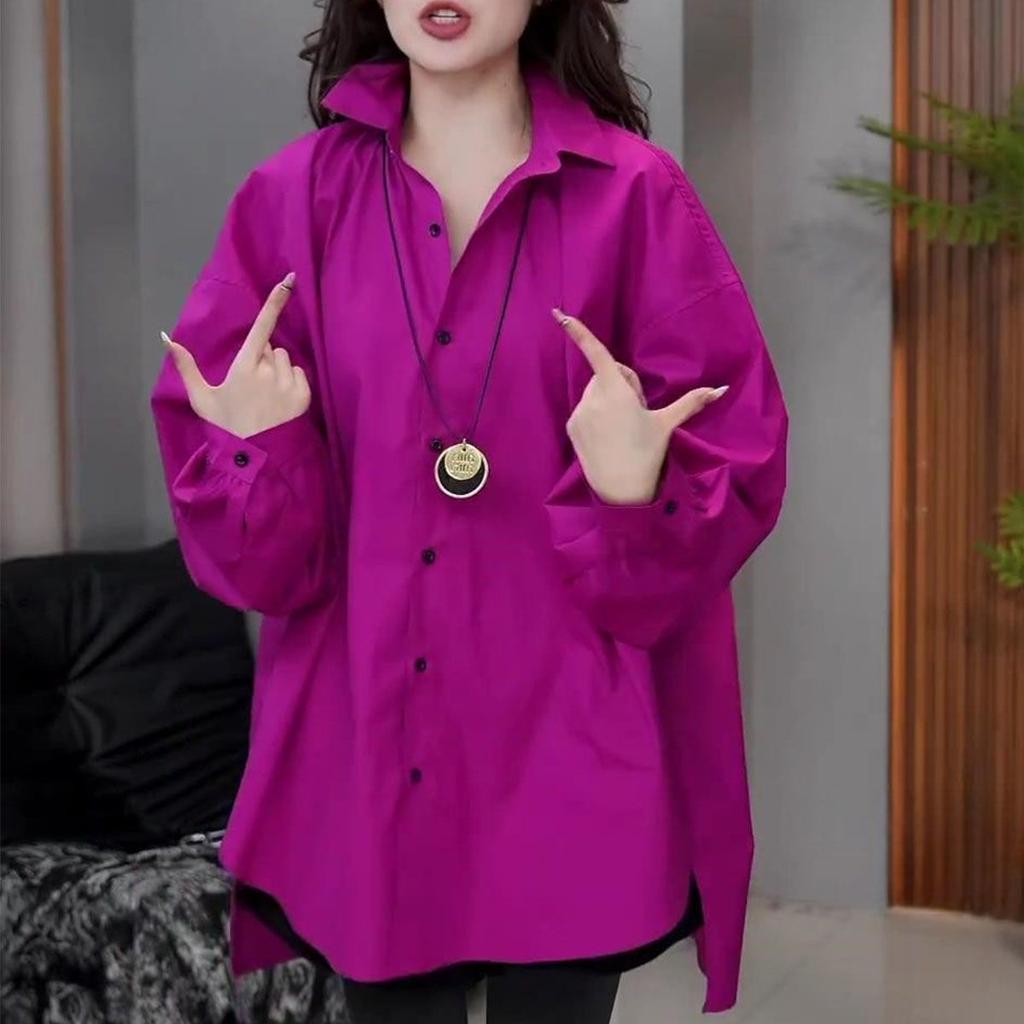 Spring Fashion Loose Fit Solid Color Shirt Trendy Oversized Long Top for Women Casual Commute