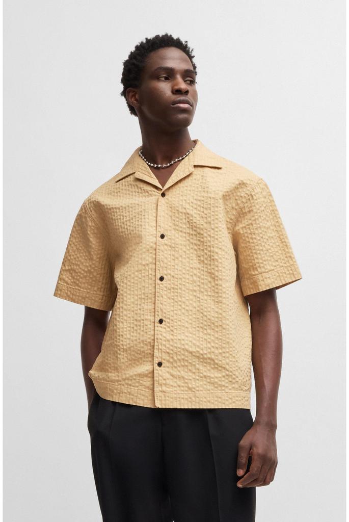 Overfit Cotton Beige [HUGO] Shirt, Seersucker, Men's, S,