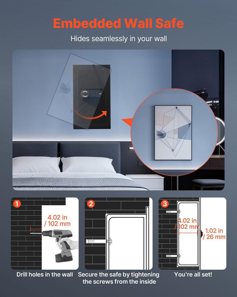 Wall Safe, 3-Tier Hidden Wall Mounted Safe with Password & Key, Q235 Cold-Rolled Steel In-Wall Box with LED Lighting, 2 Adjustable Shelves & 5 Key