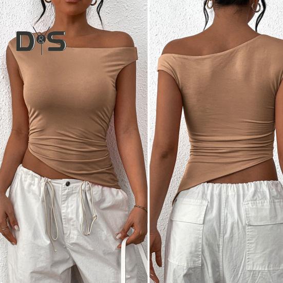 

Женская футболка с косым воротником без рукавов в уличном стиле, облегающий топ, однотонная эластичная футболка с нерегулярным подолом, уличная одежда S белый