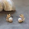 Leaf Branch Design Pearl Stud Earrings Delicate Sparkling Elegant Women Jewelry