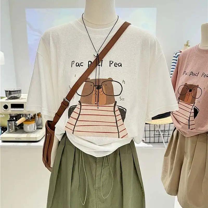Korean Summer Thin Cartoon Bear Print Loose Casual Snowflake Cotton Short-sleeved T-shirt Women s Bottoming Tee S белый
