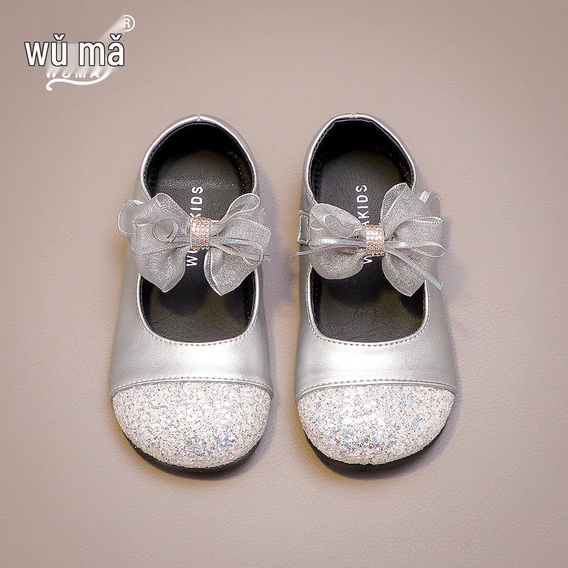 Wuma Girls Princess Bow Sequin Leather Shoes - 2025 Spring/Autumn Collection Size 31, 18.9cm серебряный
