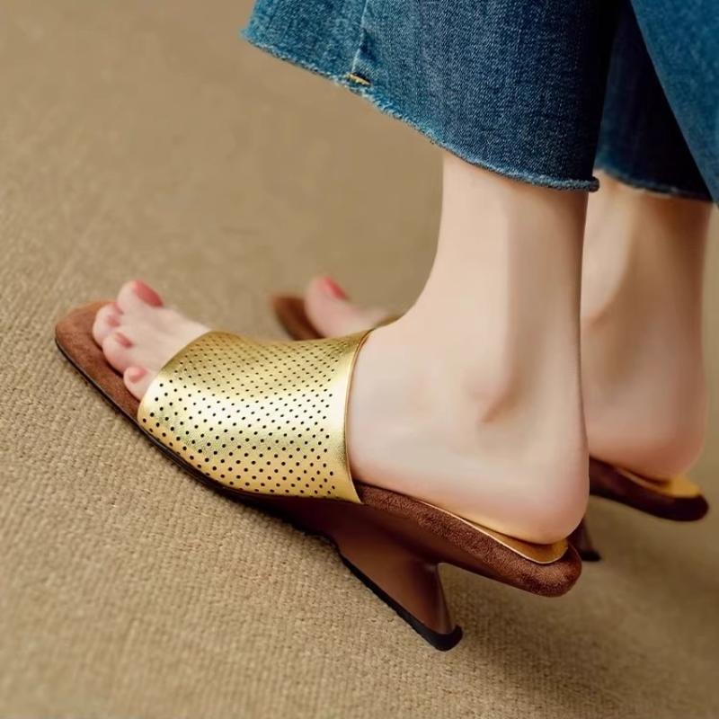 New Square Open Toe Wedge Sandals Women Elegant Genuine Leather Summer New Special-Shaped Heel Fashion Dress Party Shoes