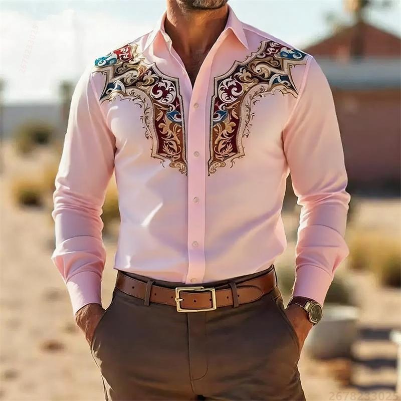 Men's Retro Fashion Printed Long-Sleeve Shirt, Western Cowboy Style, Slim Fit Casual Shirt, Comfortable Fabric, Sizes XS-6XL