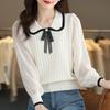 Knitted T-shirt with Lace Spring and Autumn New Style Doll Neck Knitted Sweater for Women