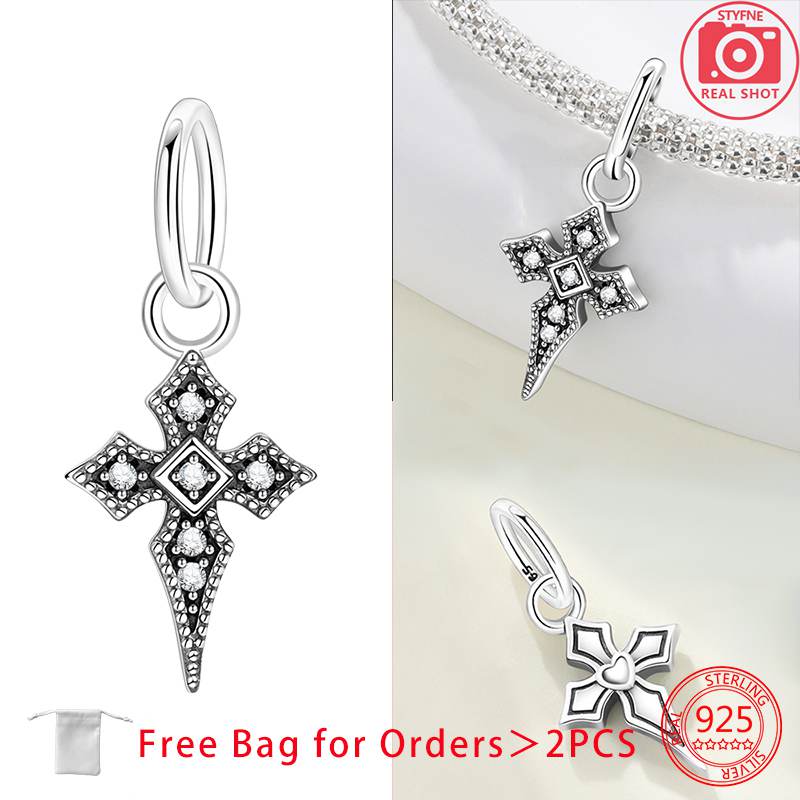 Authentic Pink Zircon Love Cross Wing Cross Retro Pattern Cross Charm Bead Charms Copper Bead Charms Pendant Compatible With Do It Yourself Bracelets