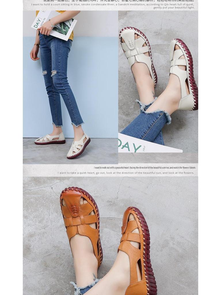 Damensandalen aus echtem Leder mit geschlossener Spitze – bequeme, rutschfeste Ballerinas für Mütter mittleren Alters und ältere Mütter, Sommerstil